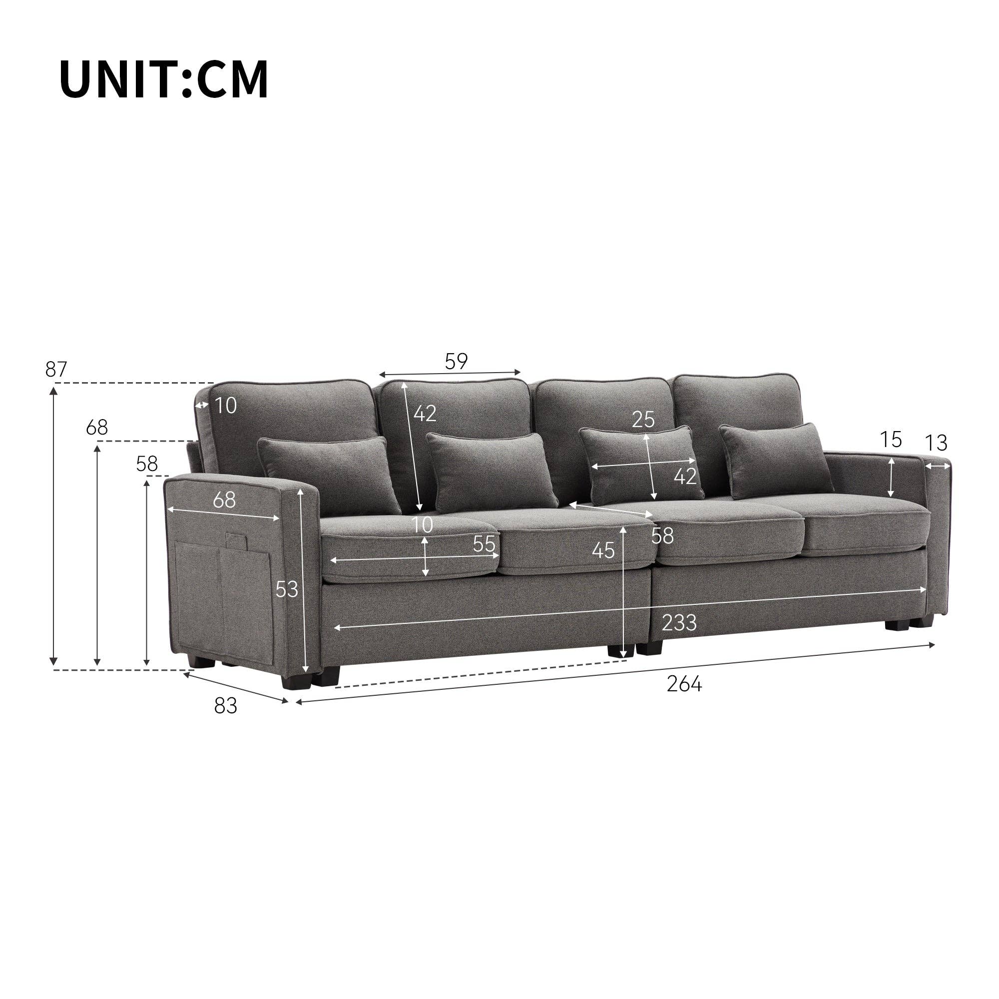 Urban Meuble - Wholesale Sofa - 4-seater sofa with gray linen armrests and 4 cushions 264*83*87cm YASITH21