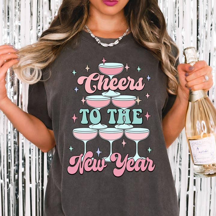 Cheers To The New Year Retro DTF Heat Transfer for wholesale by Trendy Transfers
