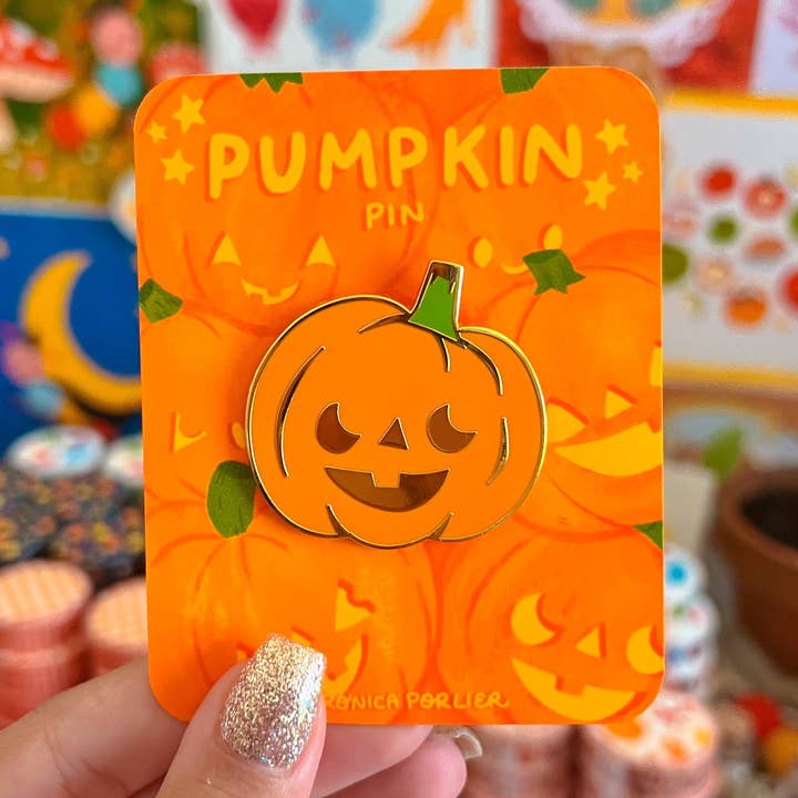 Jack o Lantern Pin for wholesale by Veronica Porlier Illustrations