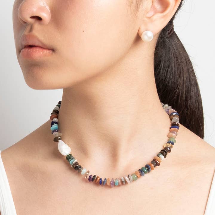 Mix Gemstone Necklace with Keshi Pearl in Sterling Silver for wholesale by Naturagems