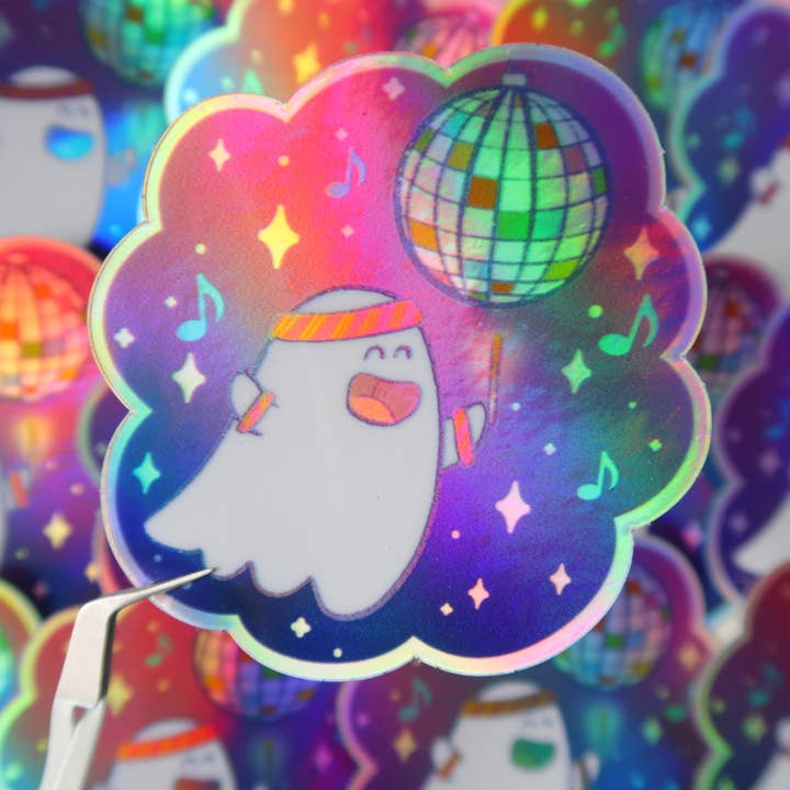 Cute ghost at the disco - gloss holographic vinyl sticker for wholesale by Bird House Press