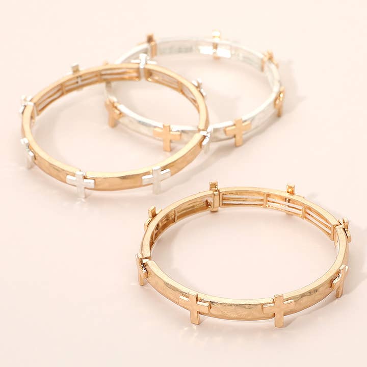 Hammrad borstad metallkors accent stretcharmband för wholesale av Sensibling Corp.