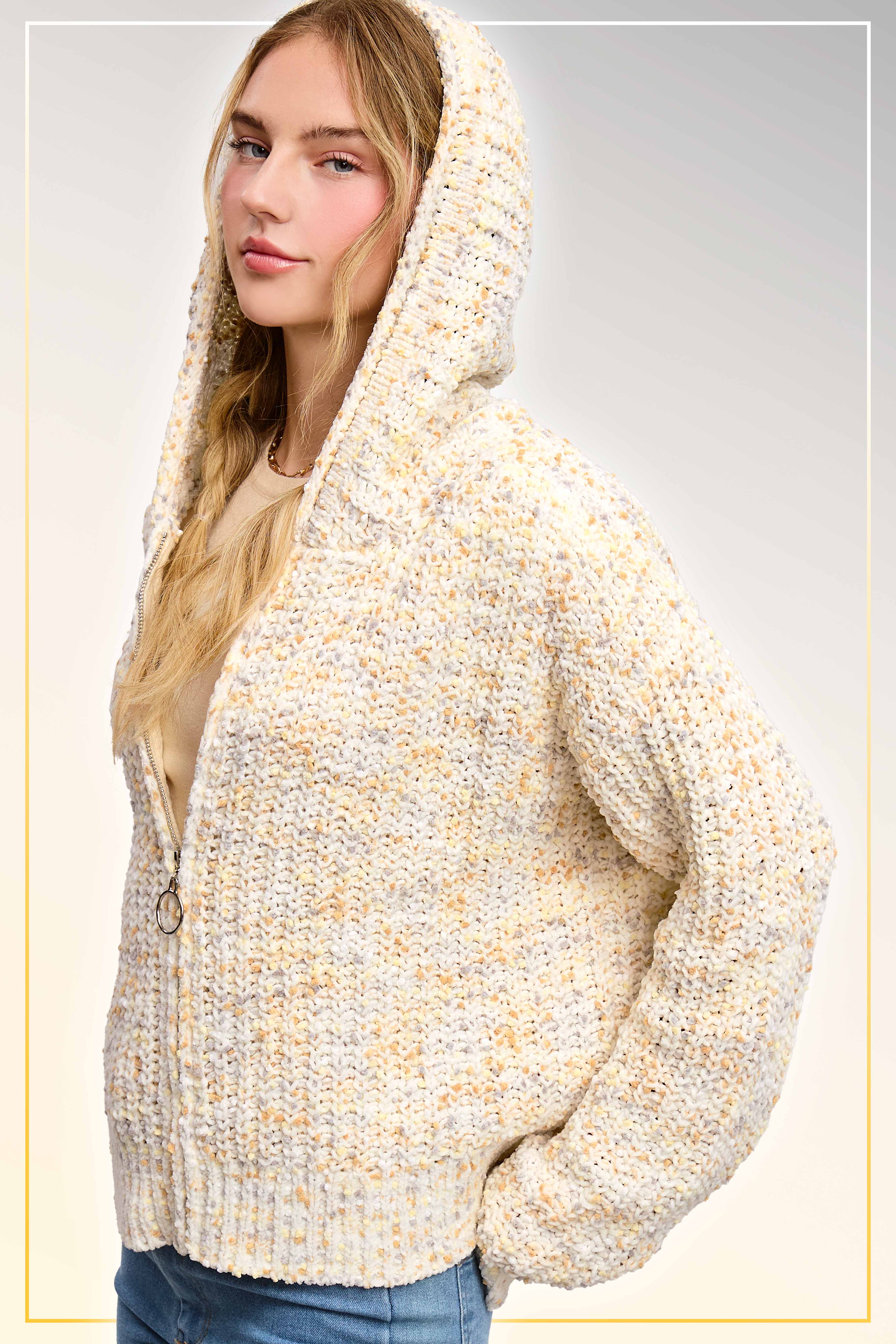 La Miel - Wholesale Hoodie - Women's - JCS3569-Multi Color Confetti Zip-Up Hoodie Sweater9