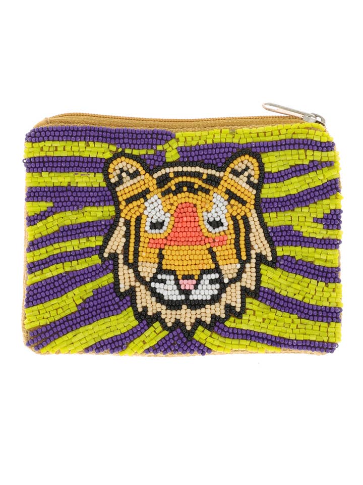 Gameday Seed Bead Embroidered Tiger Head Coin Bag for wholesale by SP Sophia Collection
