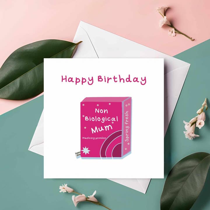 Funny Step Mum Birthday Card: Pink Washing Powder Design for wholesale by Rebecca Gladys