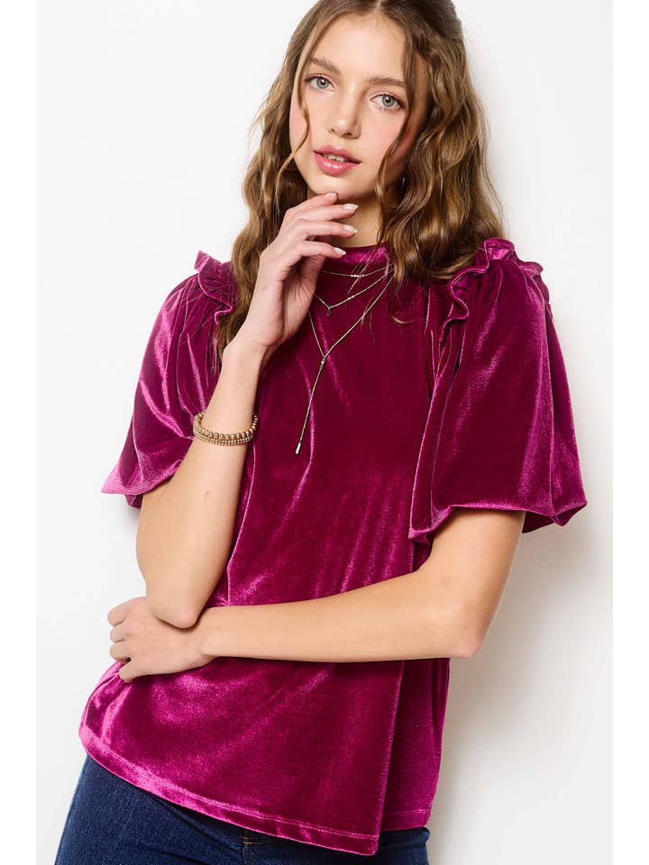La Miel - Wholesale Blouse - Women's - HCT7681-Velvety Puff Fall Winter Short Sleeve Top