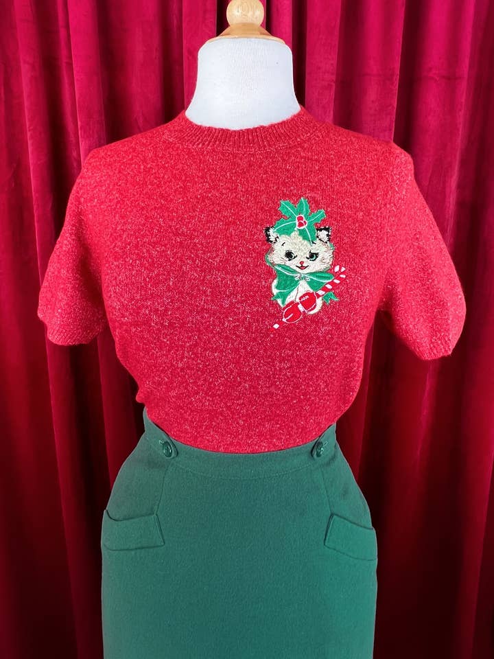 Candy Cane Kitten Short Sleeve Relaxed Sweater in Red for wholesale by Mischief Made