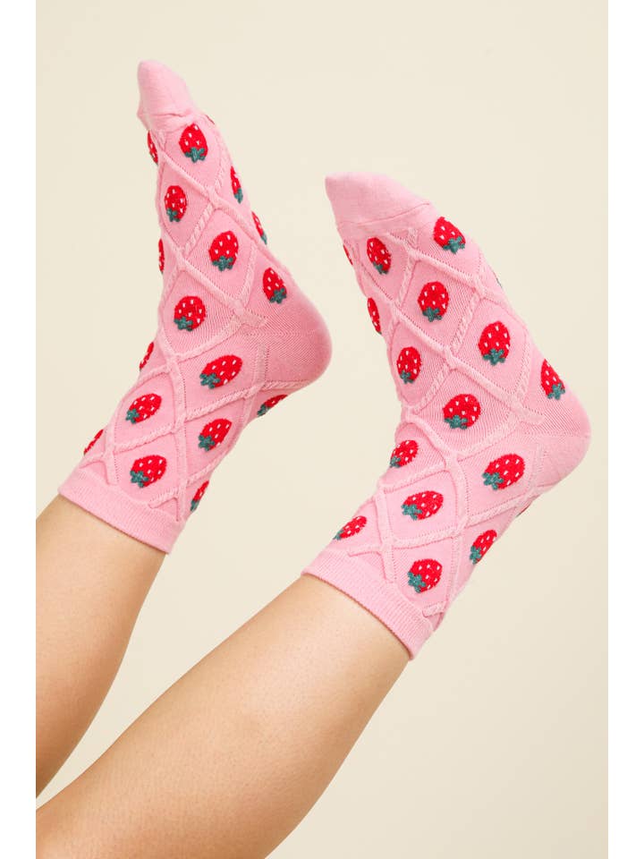 VERY J - Wholesale Socks - Women's - SC10040C-Strawberry Printed Textured Crew Socks