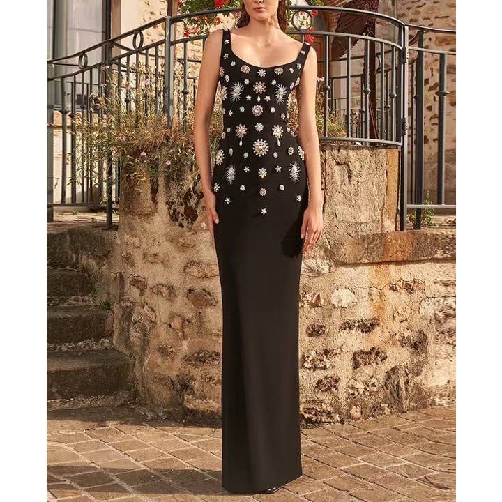 DR0196 Elegantes Kleid mit Diamant-Besatz: Perlenverzierte Weste für den Großhandel von Productseeker