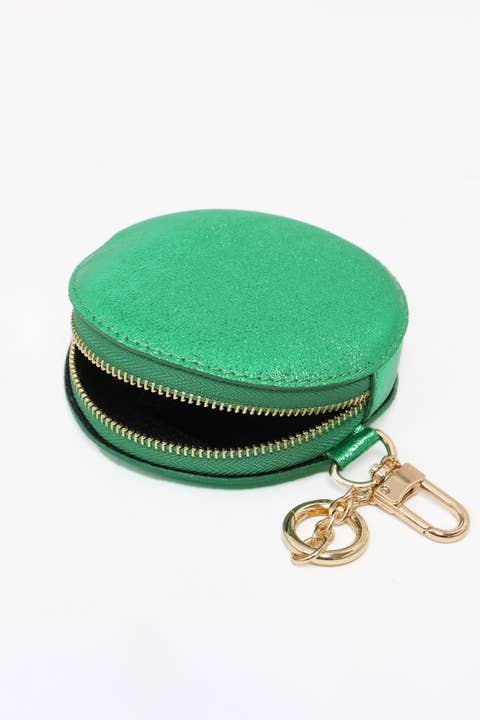 Sarta Pelle - Vendita all'ingrosso Portamonete - Donna - Portamonete rotondo con clip in pelle italiana verde metallizzato