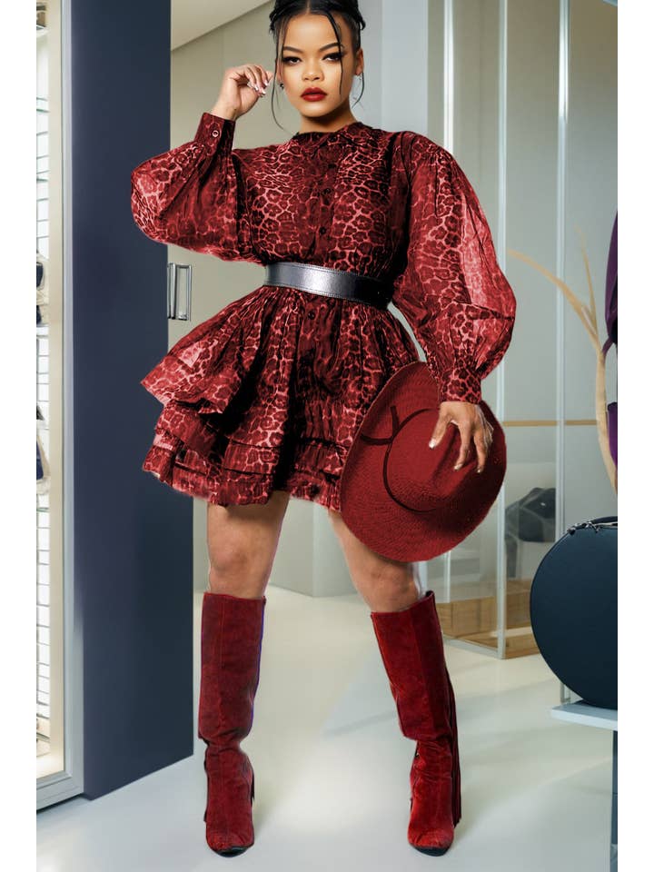 RED LEOPARD X7661 LEPORD PRINT LAYED BELL SHAPED MINI DRESS (RED, BROWN) for wholesale on Faire