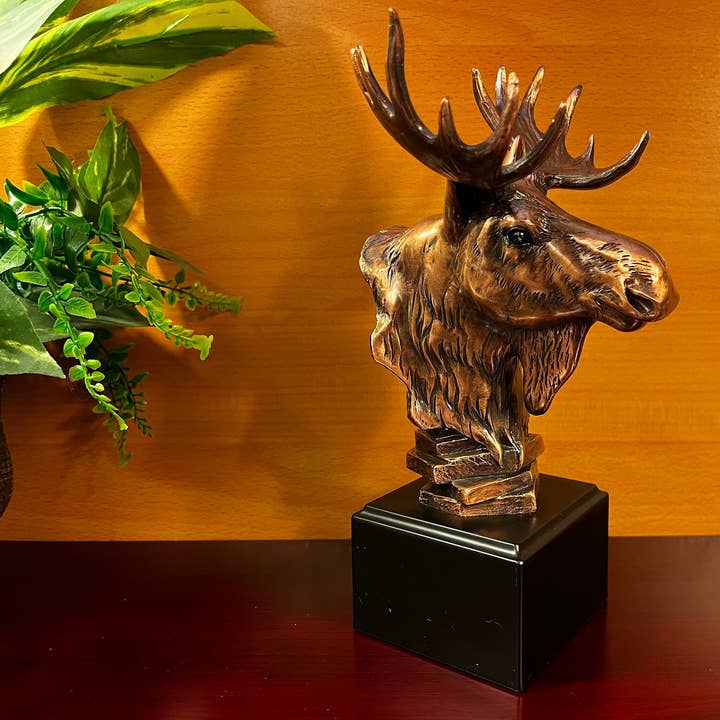 Bronze Finish Moose Head Sculpture on Base, 9"H x 5.50"W for wholesale by KSR Designs