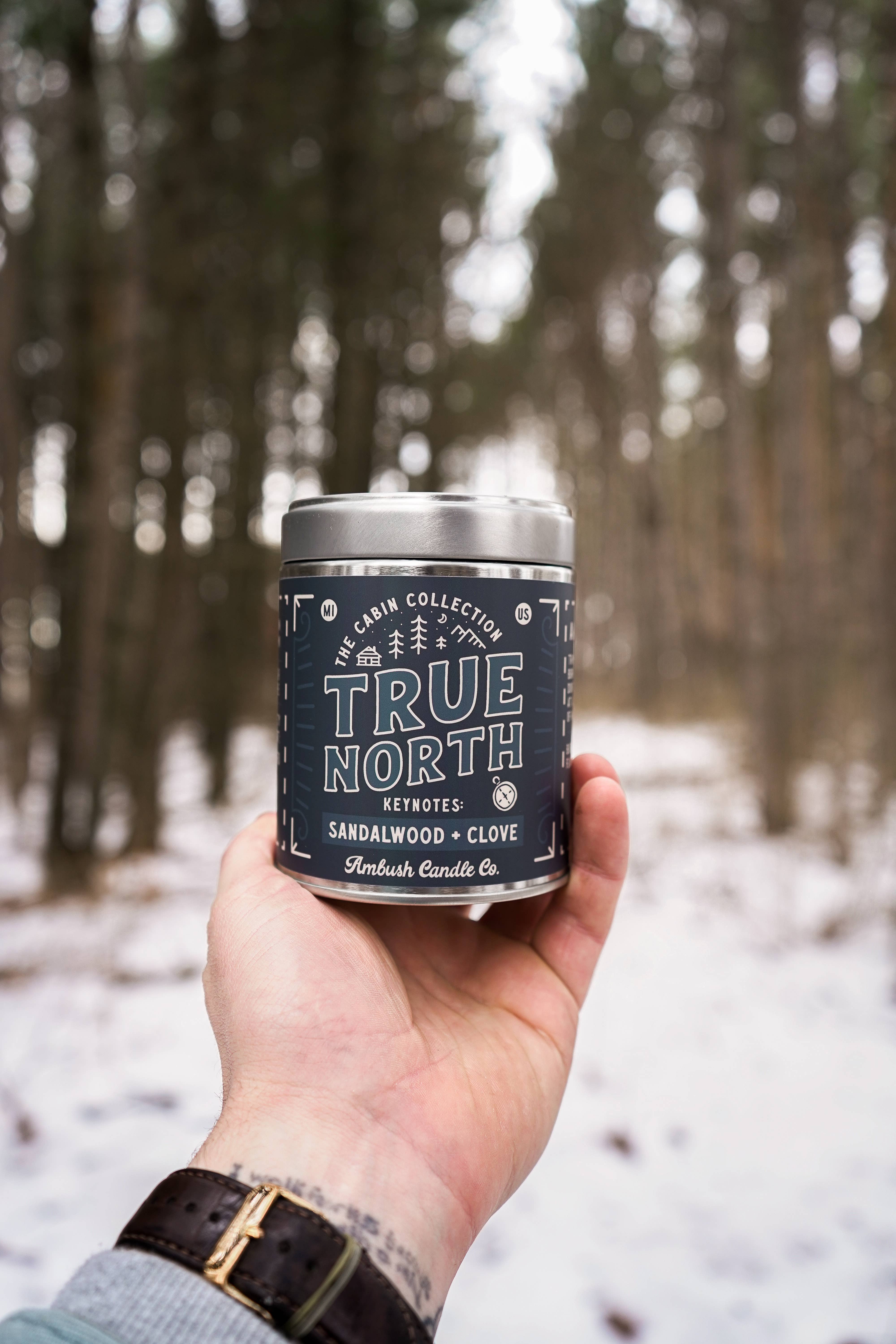 Ambush Candle Co. - Wholesale Travel Candles - True North | Sandalwood + Clove 14oz Soy Candle1