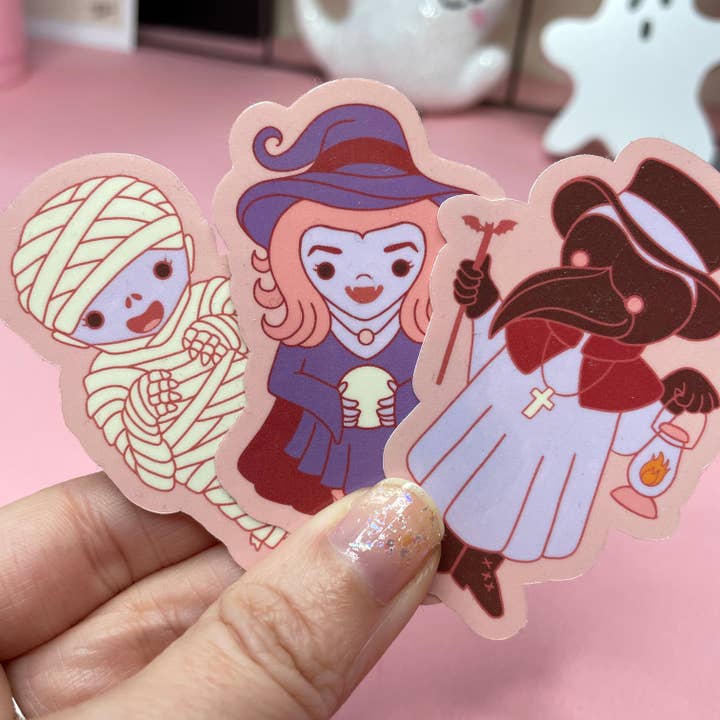 Spooky Monster Stickers: Mummy, Witch, Plague Doctor Vinyl Sticker for wholesale by Wendy Stephens Art