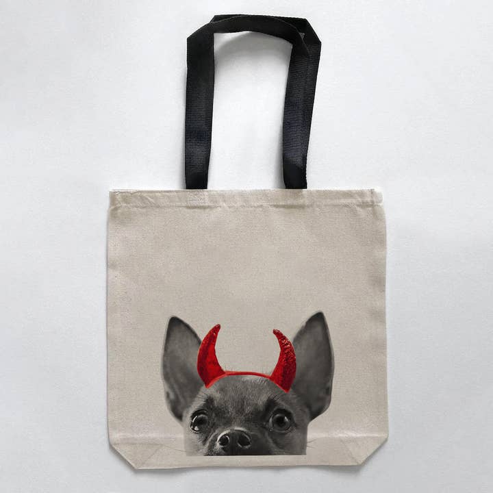 Chihuahua Puppy Peeking Lil' Devil Halloween Tote for wholesale by Perkie Prints