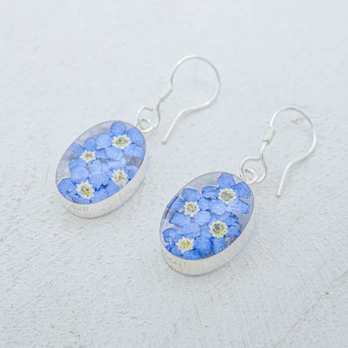 Primavera Forget Me Not Earring, Small Oval on Hook for wholesale by Corazón Sterling