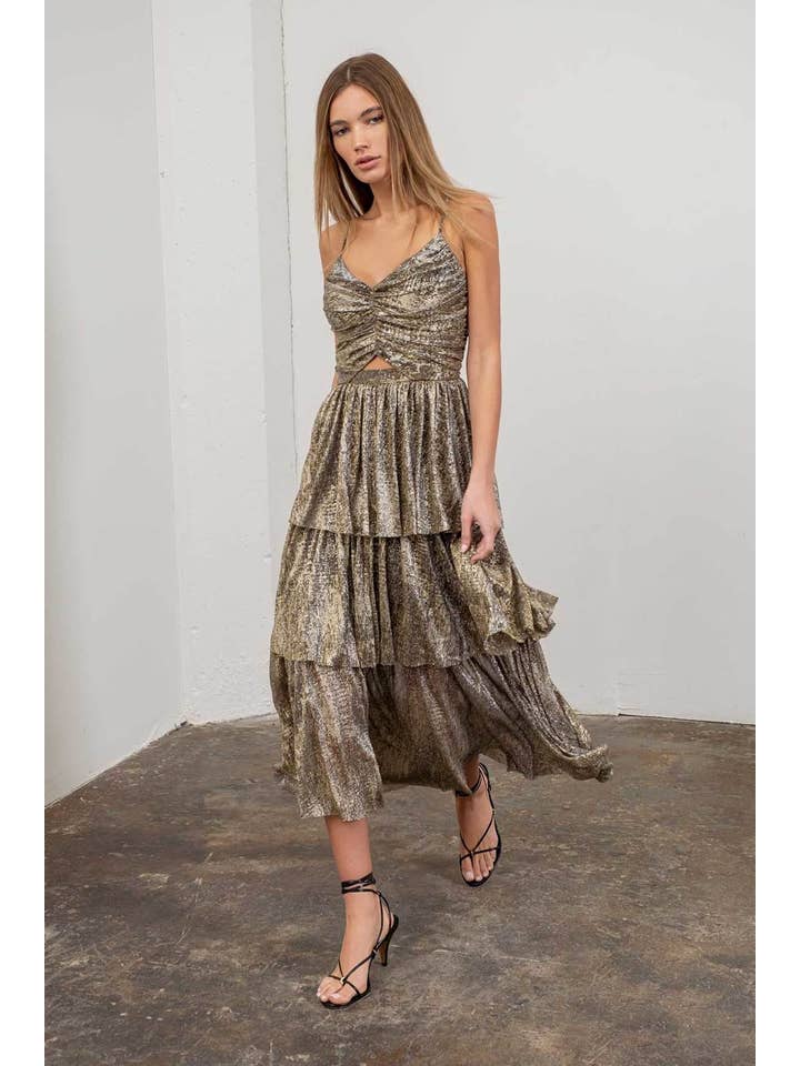 BLACK GOLD METALLIC CUT-OUT TIERED MAXI DRESS for wholesale on Faire1