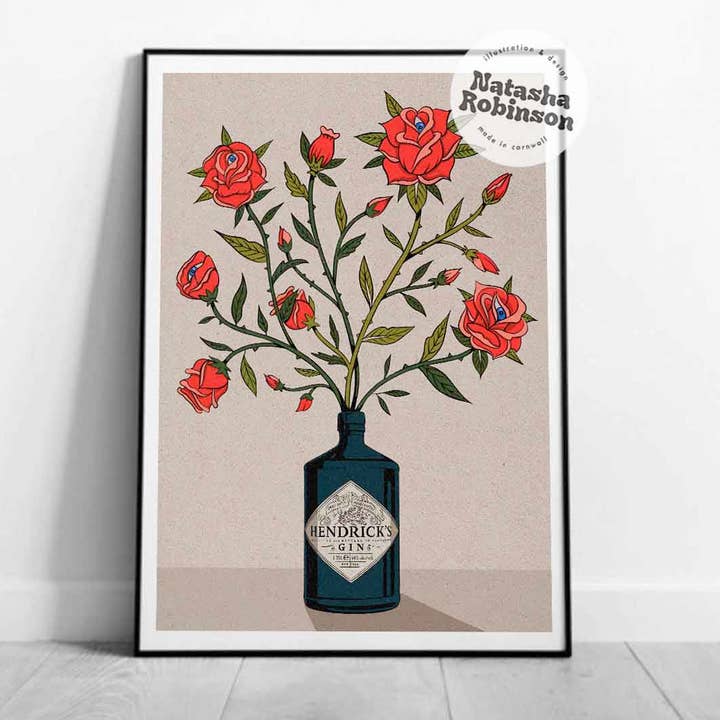 Natasha Robinson - Wholesale Art Print - Roses & Hendricks Gin Flower Floral Gift Art Print in A4