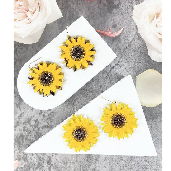 SUNFLOWER PATTERN ACRYLIC FASHION HOOK EARRINGS for wholesale by JHP Collection