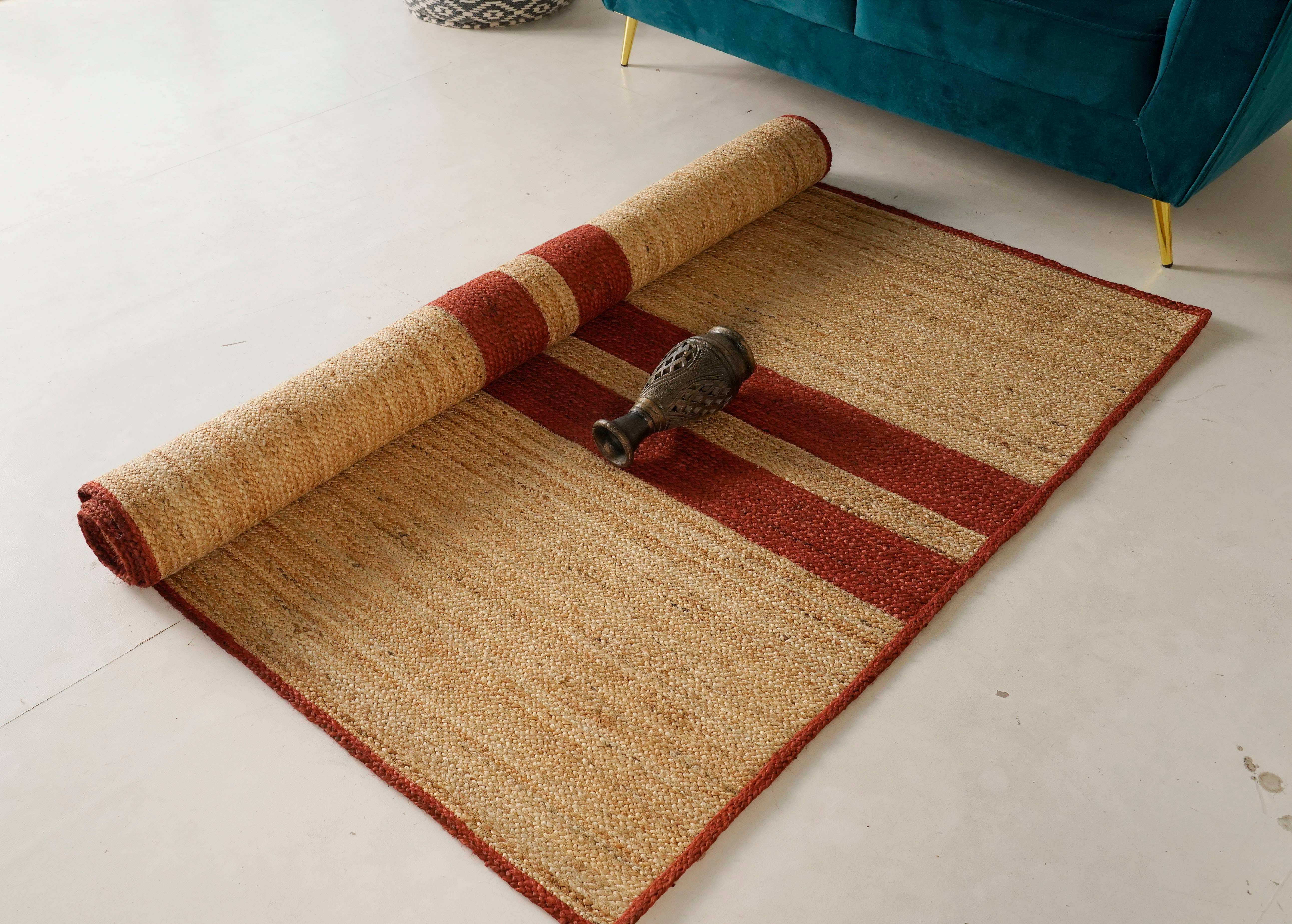 Chouhan Rugs - Wholesale Area rug - Hand Braided Natural Jute Rug With Red Stripes Line Decor0