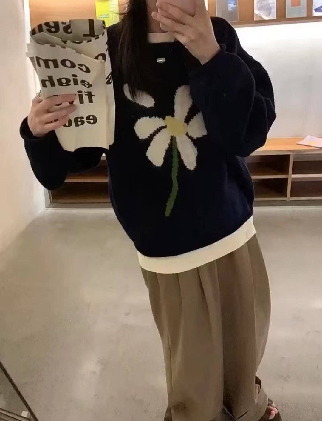 Marayn - Wholesale Knit Sweater - Women's - Korean Ins Lazy Floral Knit Sweater0