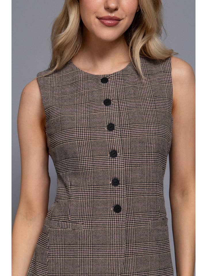Active Basic | Active USA - Wholesale Suit Vest - Women's - Round Neck Button Down Check Woven Vest9