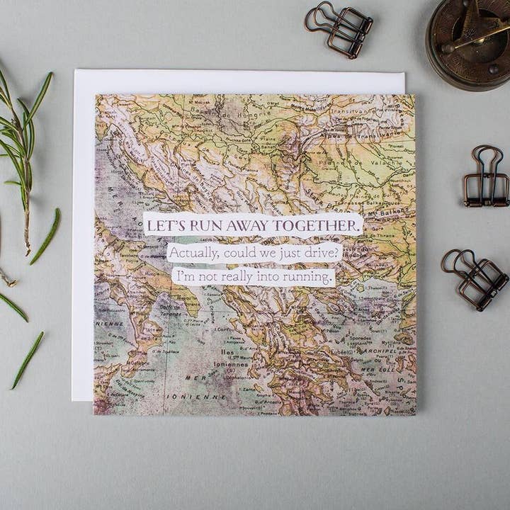 Lustige Jubiläumskarte „Let's Run Away Together“ für den Großhandel von I am Nat Ltd