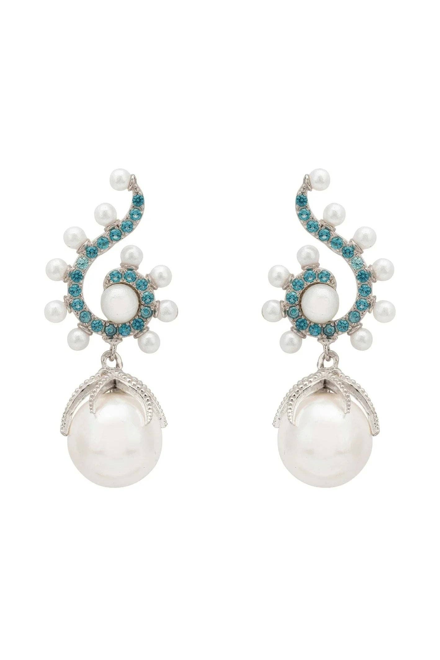 Latelita - Wholesale Dangle Earrings - Majorica Round Pearl Poseidon Gemstone Drop Earrings Aqua Silver1