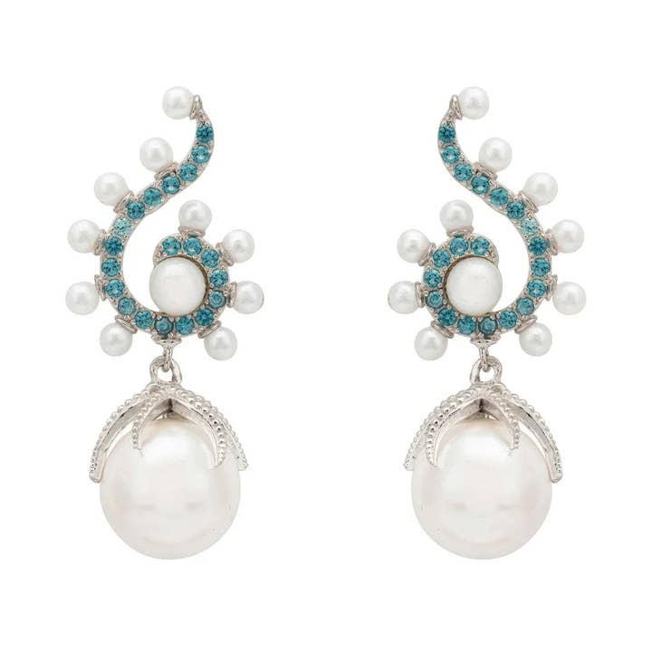 Latelita - Wholesale Dangle Earrings - Majorica Round Pearl Poseidon Gemstone Drop Earrings Aqua Silver1