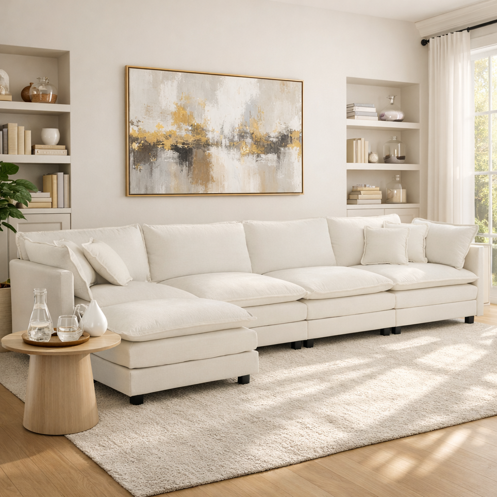 HOMYCASA DESIGN INC - Vente Canapés - Canapé d'angle modulaire en chenille rembourrée Fremont 147" en forme de L avec ottomane1