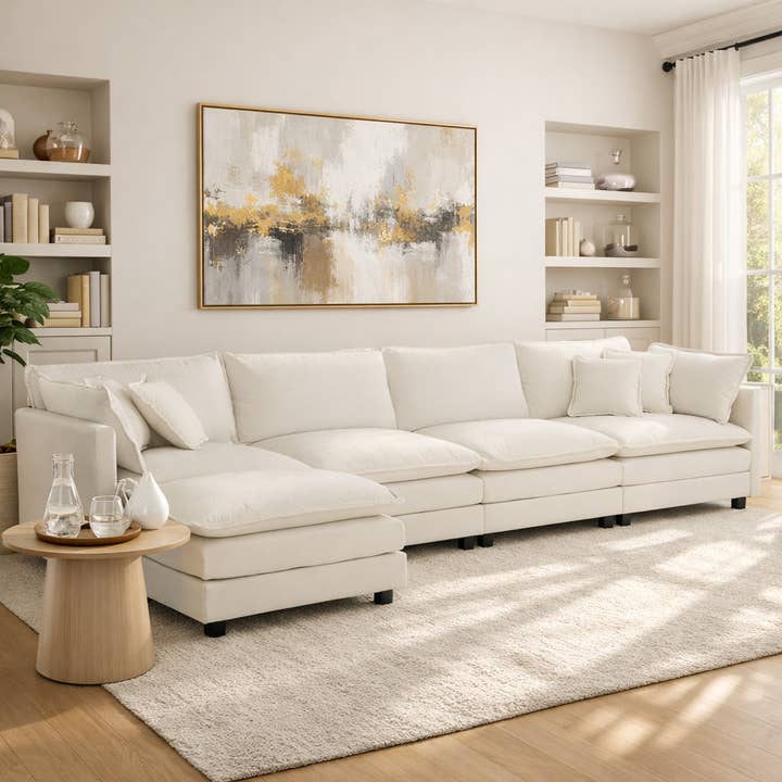 HOMYCASA DESIGN INC - Vente Canapés - Canapé d'angle modulaire en chenille rembourrée Fremont 147" en forme de L avec ottomane1