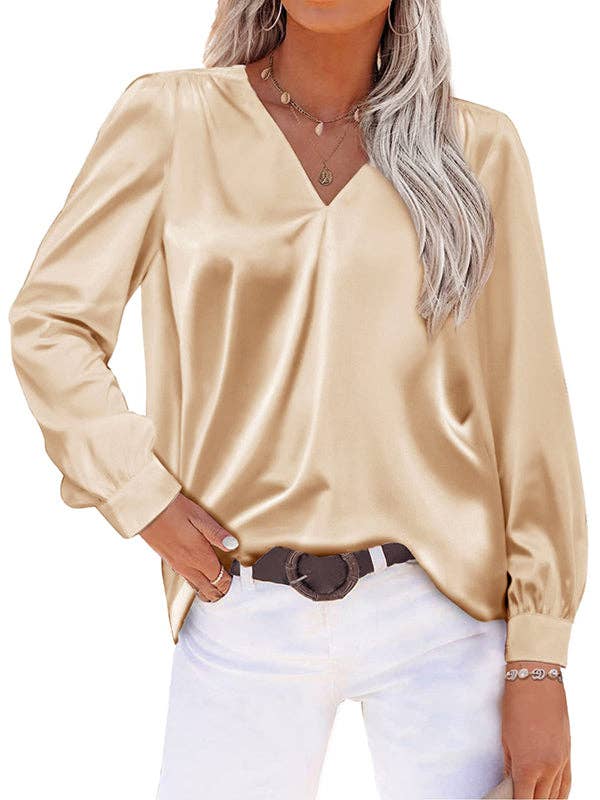 StyleGalX - Wholesale Blouse - Women's - Loose Pleated Solid Color V-Neck Blouses&Shirts Tops9