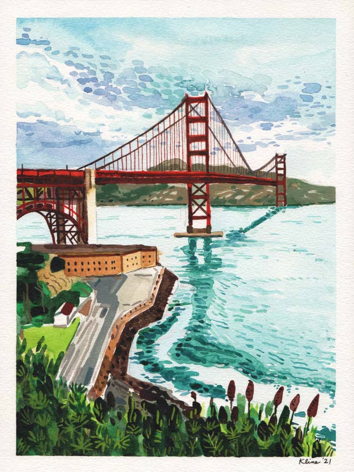 Pont du Golden Gate, San Francisco. Peinture à l'aquarelle originale. 9 « x 12". Californie. Région de la baie. Oakland. Comté de Marin. Petit. Paysage. pour la vente par John Kline Artwork