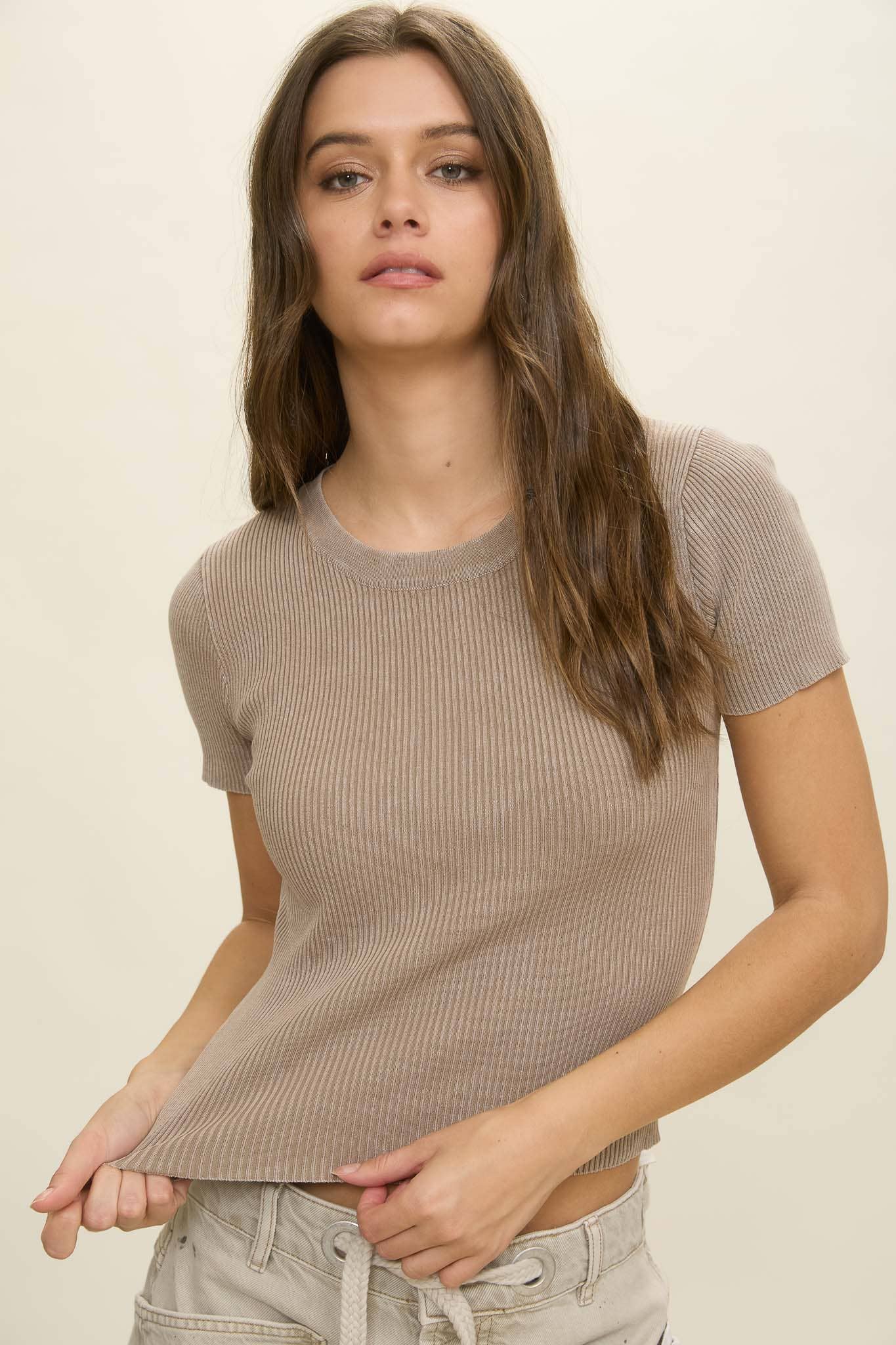 Blu Pepper - Wholesale Knit Top - Women's - WASHED RIBBED SHORT SLEEVE CROPPED KNIT TEE22