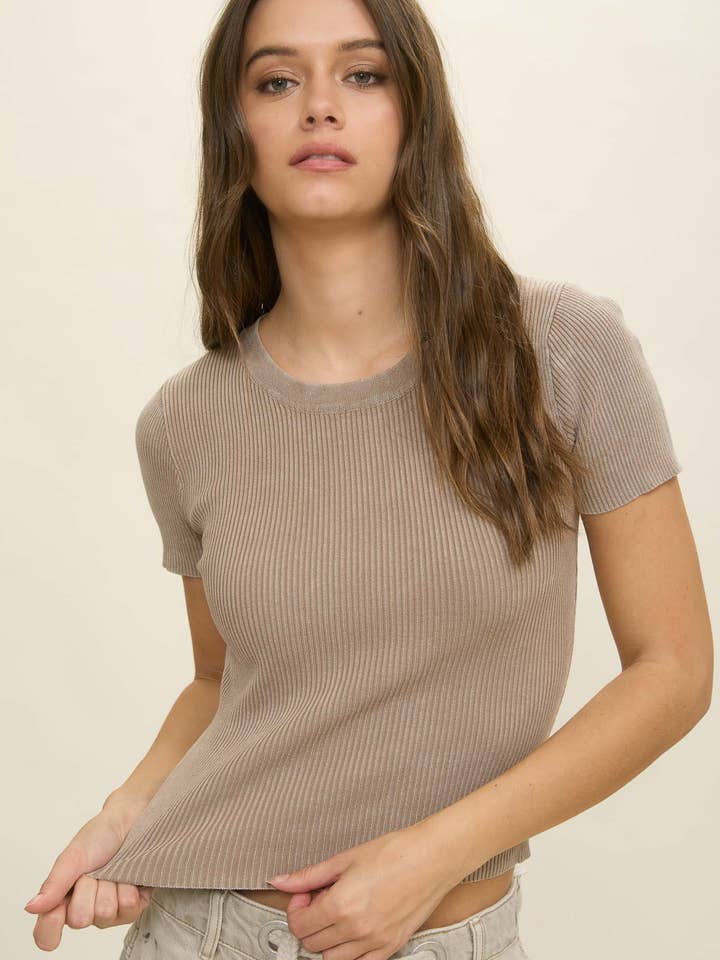 Blu Pepper - Wholesale Knit Top - Women's - WASHED RIBBED SHORT SLEEVE CROPPED KNIT TEE22