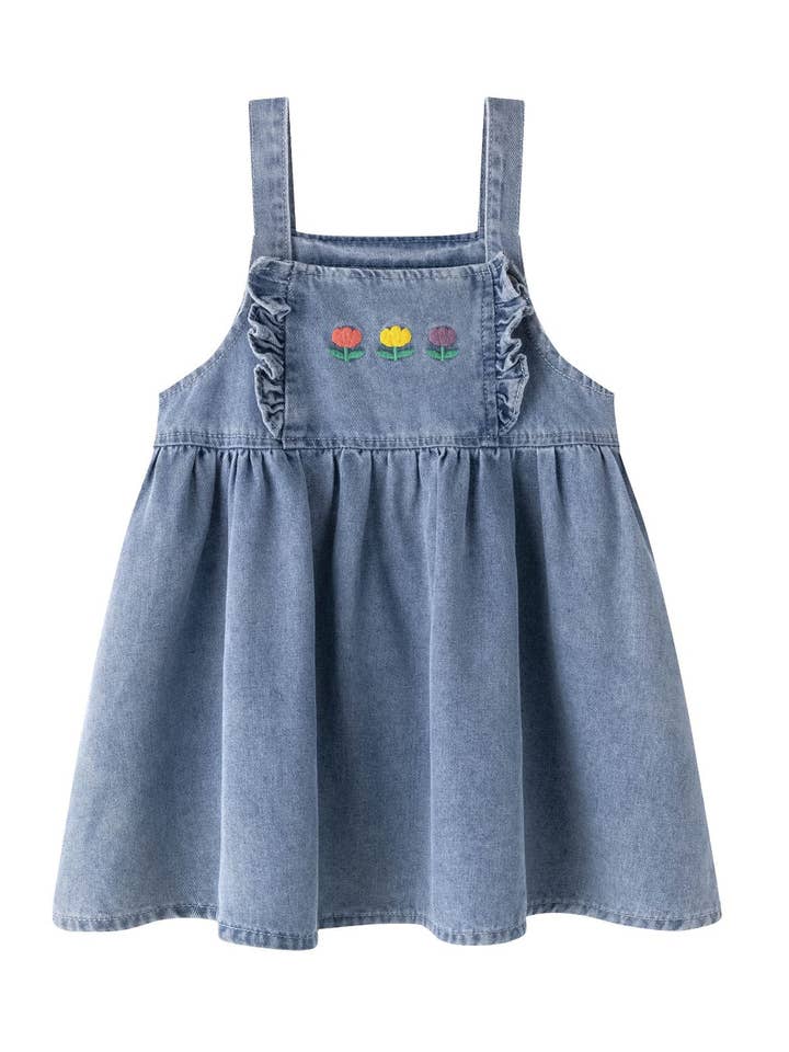 Salopette in denim da bambina con gonna svasata e ricamo floreale per la vendita all'ingrosso da parte di Newness Kids