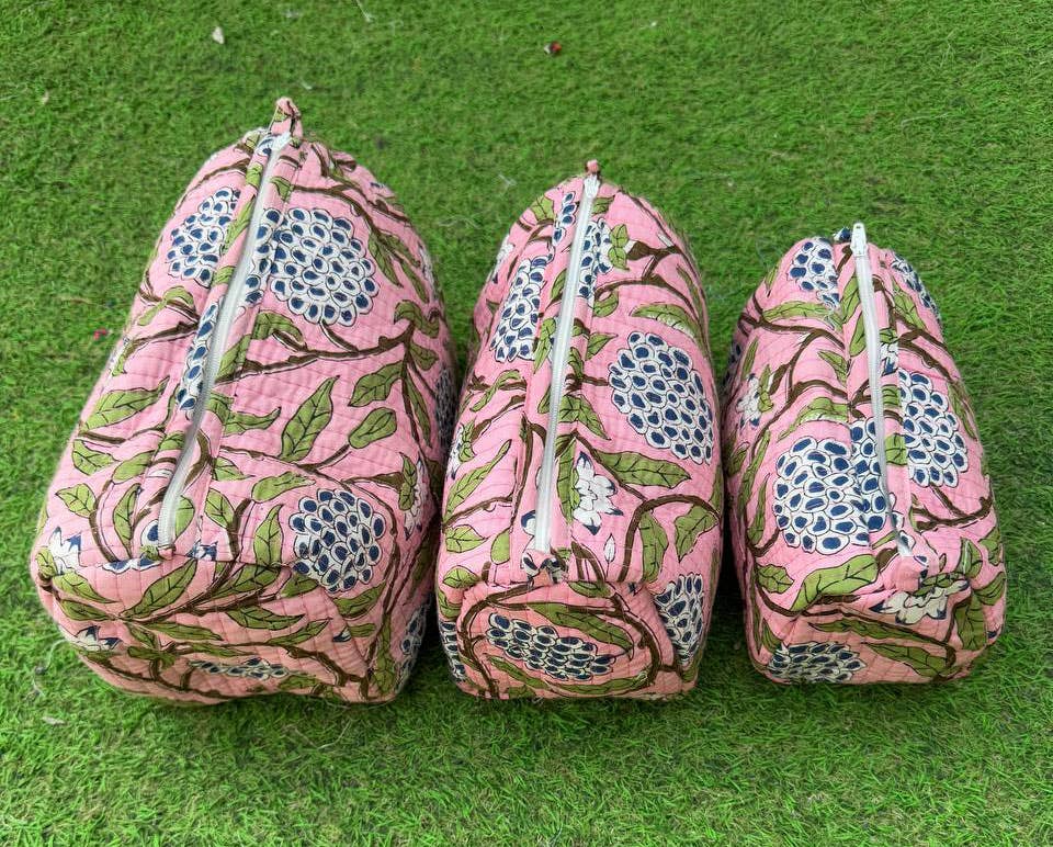 bhavnas boutique – bolsa de maquilhagem e cosméticos por atacado – Bolsa de Cosméticos Grande Estampada em Salmão Algodão Indiano Acolchoado3