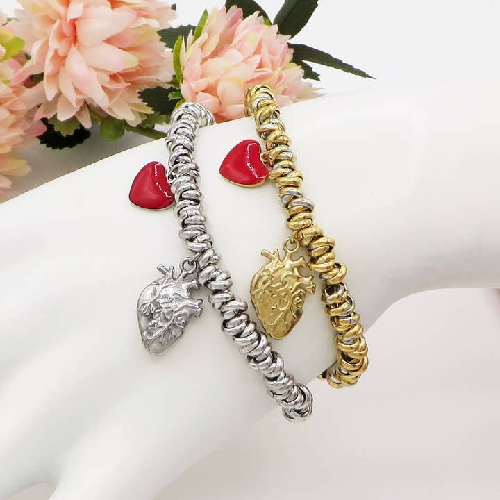 CUORE UMANO - Bracciale con cuore anatomico e nodini ACCIAIO INOSSIDABILE per la vendita all'ingrosso da parte di Daemon srls