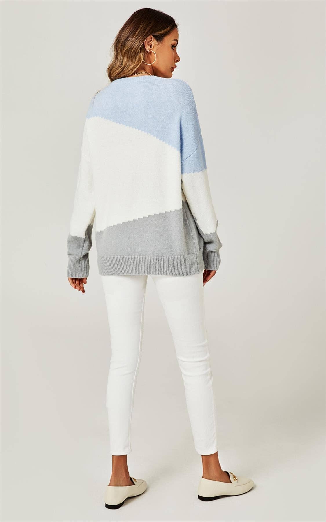FS Collection (Germany) - Wholesale Knit Sweater - Women's - Relaxed Grey & White Block Colour Jumper Top In Blue5