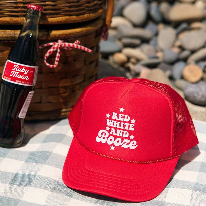 Ruby Moon - Wholesale Trucker Hat - Unisex - Red White And Booze- 4th Of July Foam Trucker Hat0