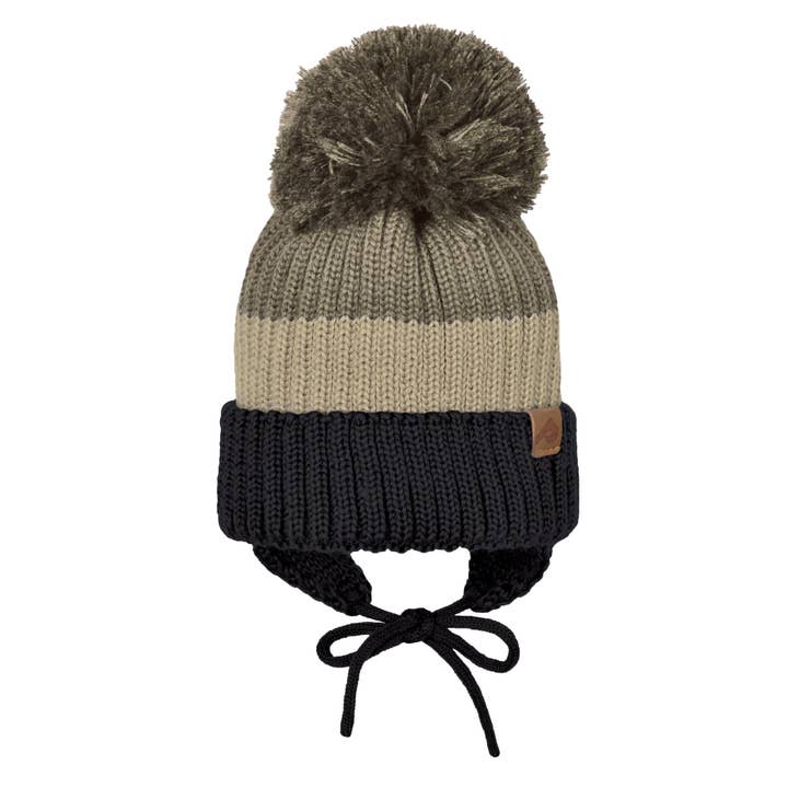 Bonnet en acrylique avec doublure polaire et oreilles - Kaki/Beige/Noir pour la vente par Perlimpinpin