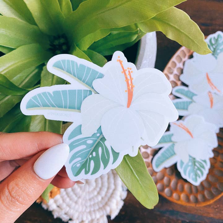 Hay Design Co. - Wholesale Sticker - White Hibiscus and Tropical Leaves Sticker2