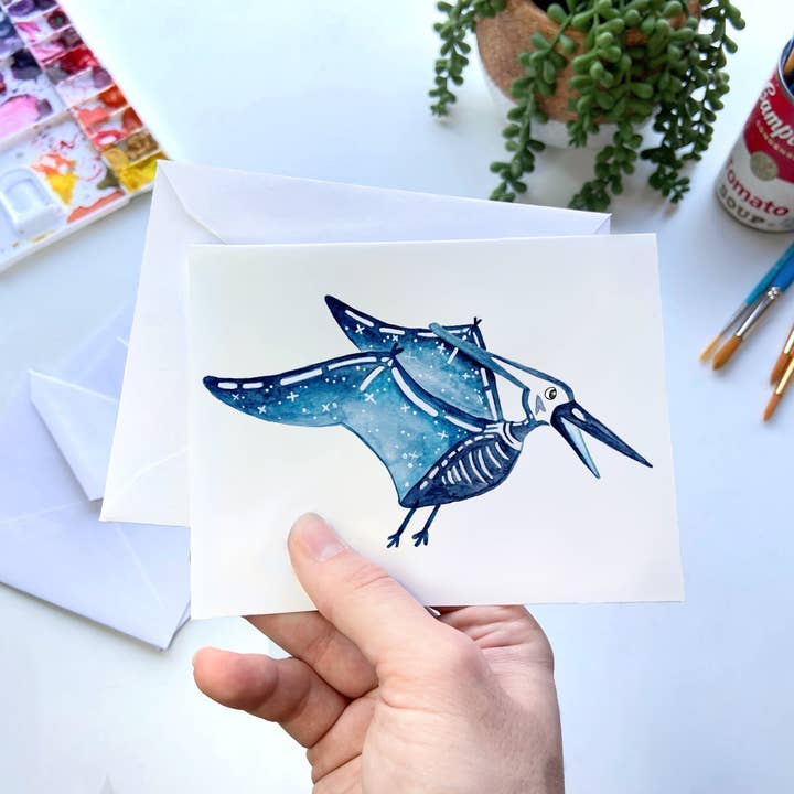 Pterodactyl Dinosaur Greeting Card – Flying Prehistoric Art for wholesale by Owlfeathers Watercolor
