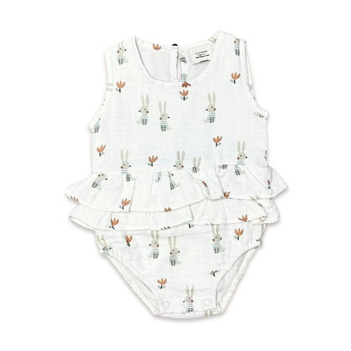 Bunny 2-Tier Ruffle Baby Romper (Organic Muslin) for wholesale by Viverano Organics