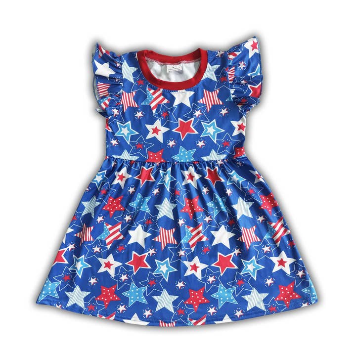 Girl stars print 4th of july dresses for wholesale by Yawoo Garments