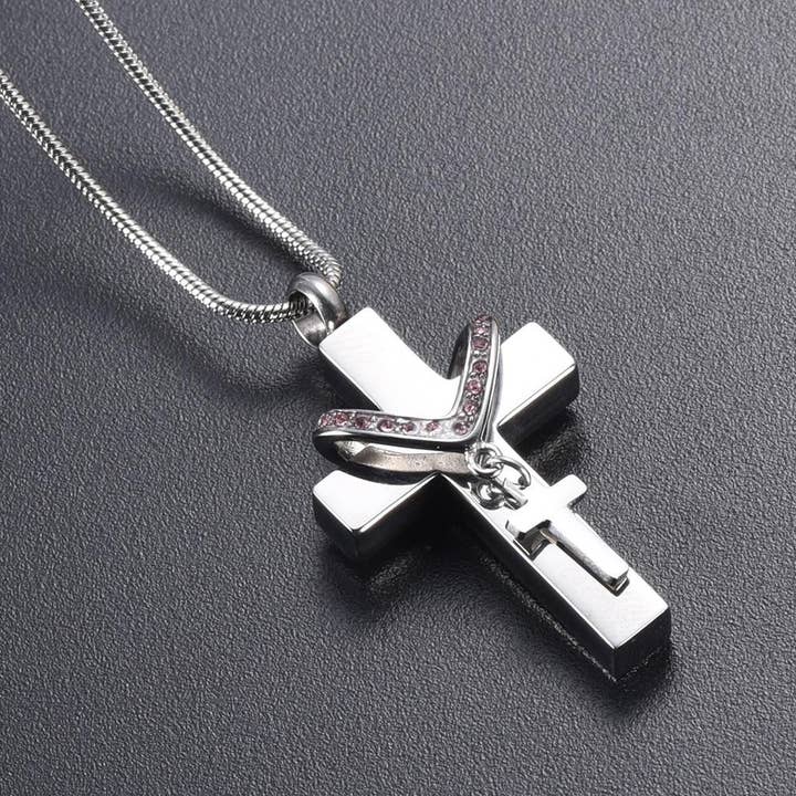 Cherished Emblems – wholesale Pendant/charm necklace – Silver Cross & Rhinestone Rosary Cremation Urn Necklace6