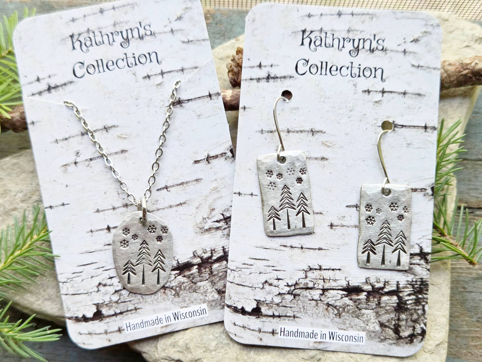 Kathryn's Collection - Wholesale Dangle Earrings - Winter Pine Tree Earrings, Christmas, Hand-Stamped Pewter9