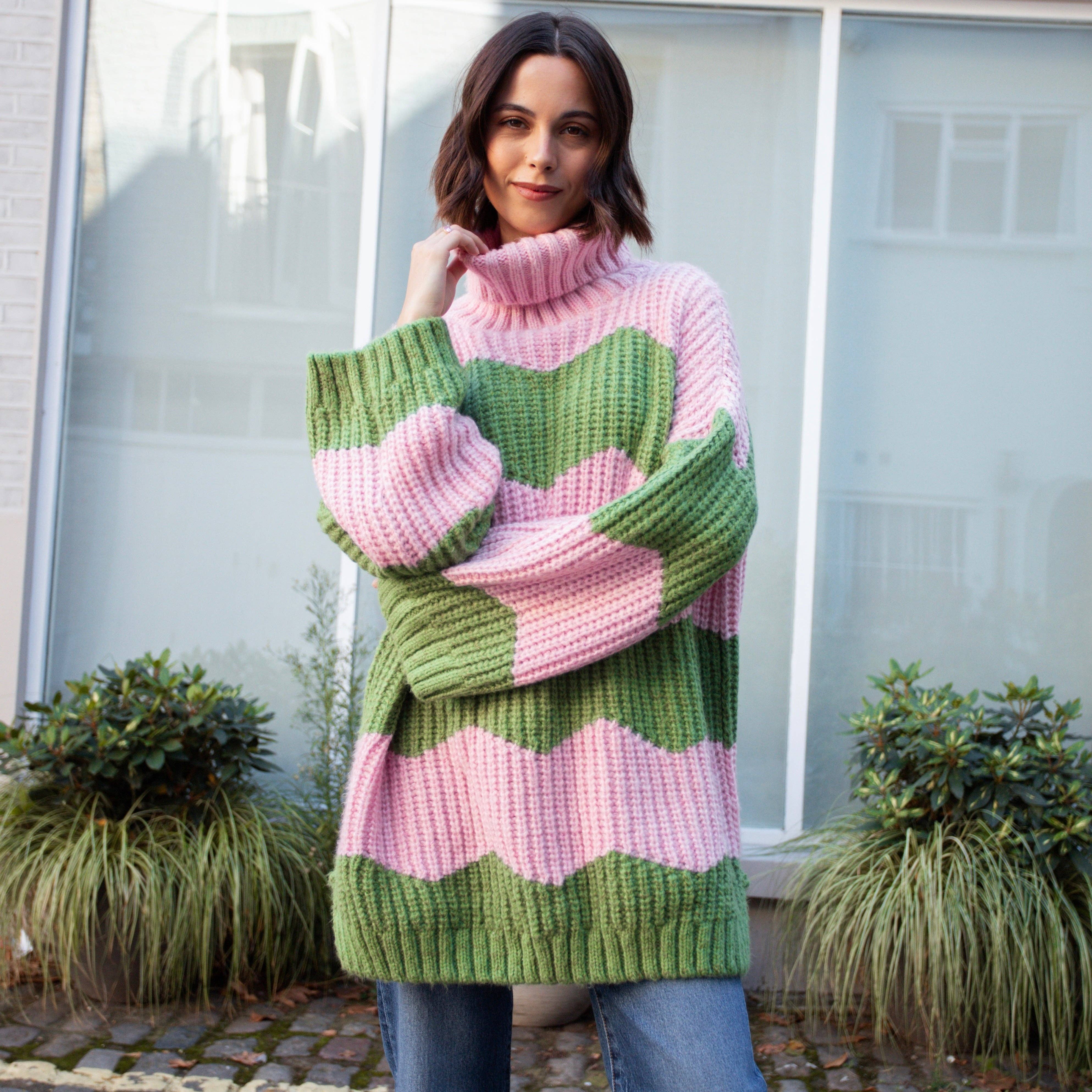 Cara & The Sky - Wholesale Dress - Women's - Nelly Chevron Roll Neck Knitted Jumper Dress - Pink10