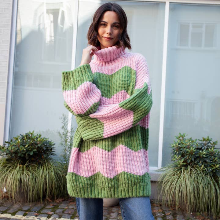 Cara & The Sky - Wholesale Dress - Women's - Nelly Chevron Roll Neck Knitted Jumper Dress - Pink10