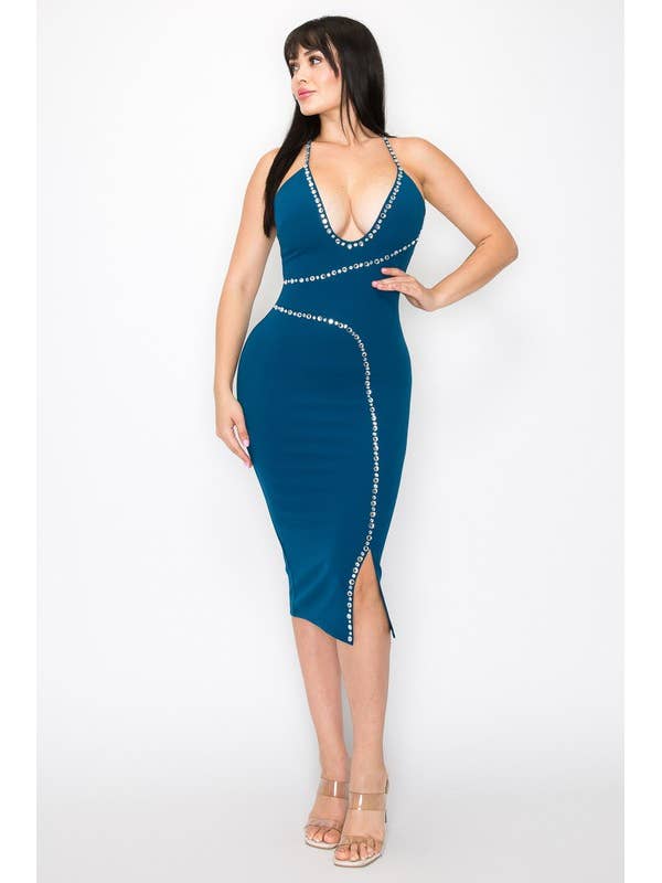 SOLID KNIT U-LINE NECK DRESS WITH RHINESTONE DETAIL for wholesale by MintChoco